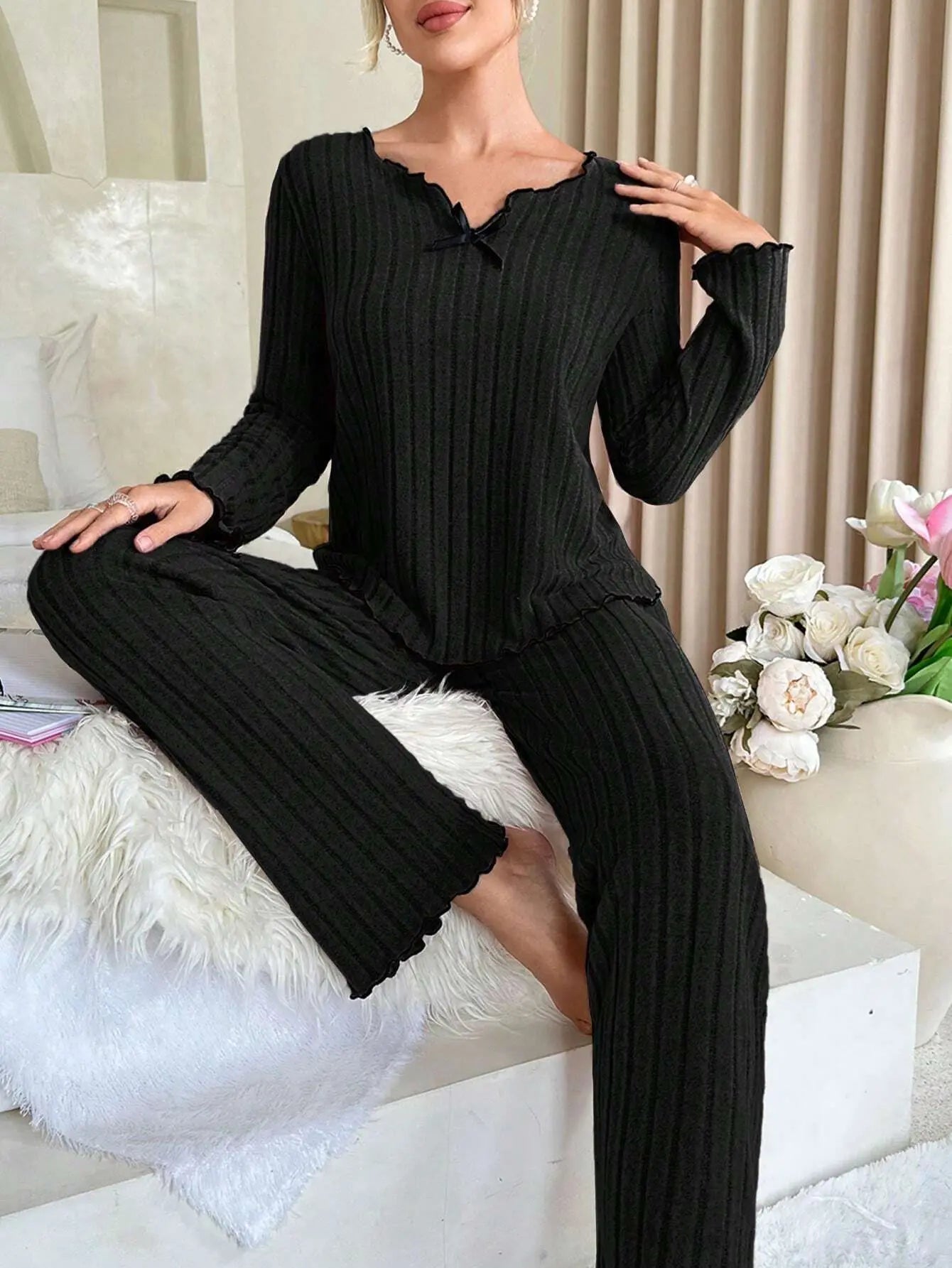 KAELAH Flannel Warm Sleepwear Women Casual Pajamas Set Loungewear