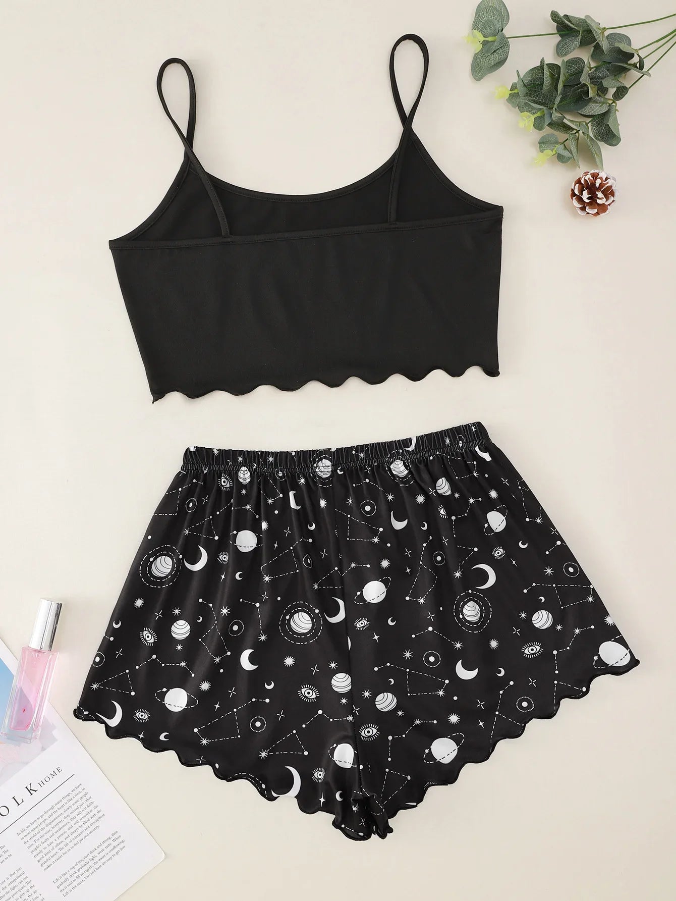 KAELAH Sleepwear Set Star Moon Printed Sleeveless Sling Crop Tops and Shorts