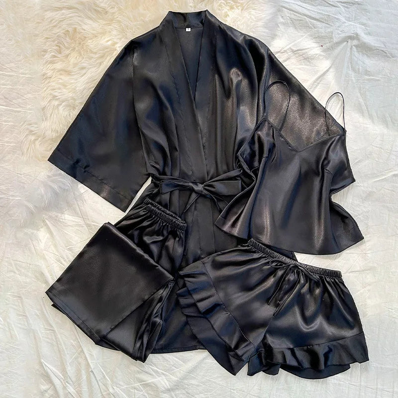 KAELAH Piece Robe Sleepwear Silky Satin Kimono Bathrobe Trouser Suits Loose Home