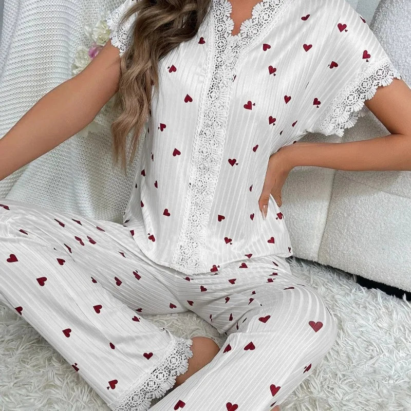 KAELAH Cherry Collar Lace Printed Shirt Trousers Homewear