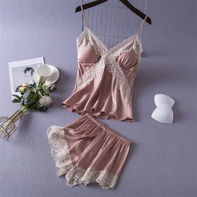 KAELAH Daeyard Sexy Lace Cami and Shorts 2 Pieces Pajama Set Silk Floral