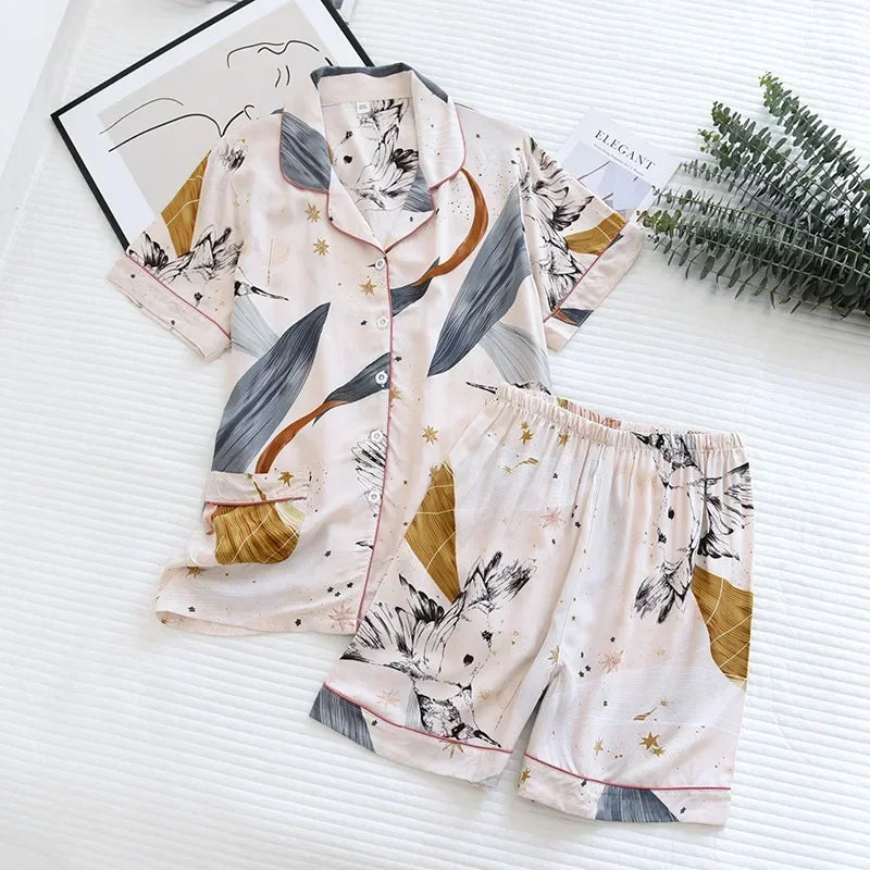 KAELAH cute cartoon floral viscose fiber pajamas two-piece long-sleeved home cotton