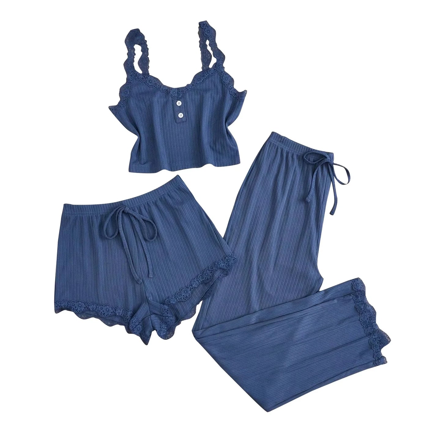 KAELAH Summer 3PCS Pajama Sets Solid Vest Shorts and Pants Paired