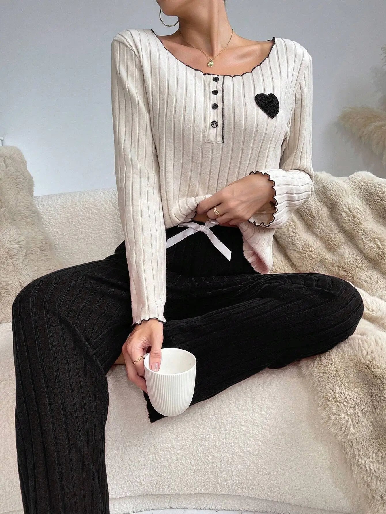KAELAH Top Heart Print Sleepwear Casual Long Sleeve Set Homewear