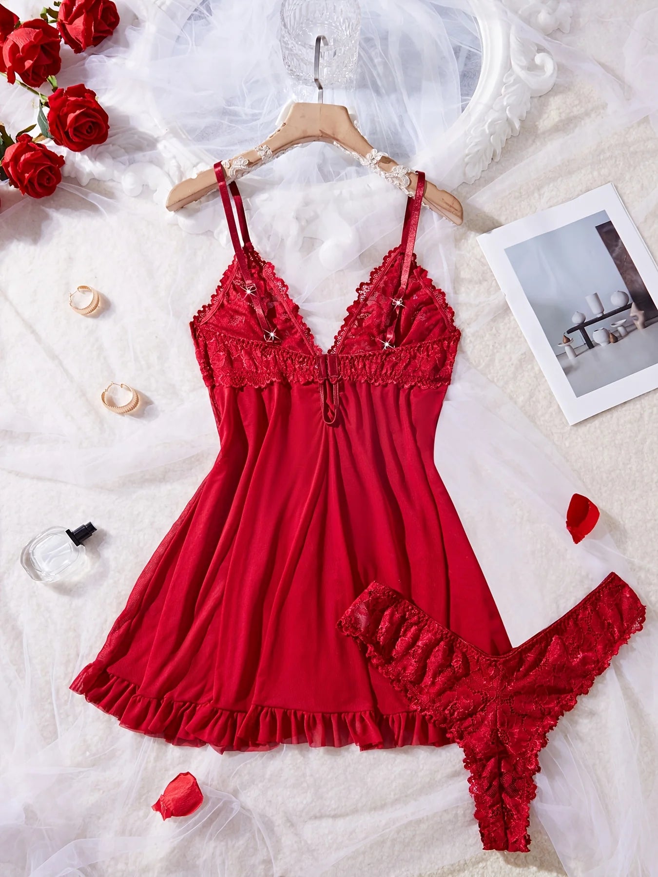 KAELAH Sexy Lace Lingerie Set for Women, Red Hot Sleepwear Nightdress