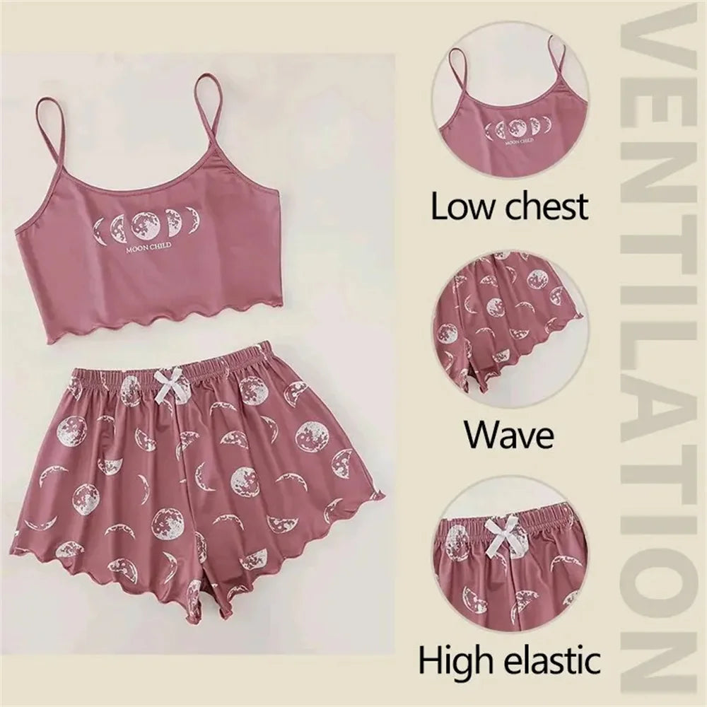 KAELAH Set Sports Camisole And Shorts Pink Moon And Planet Print