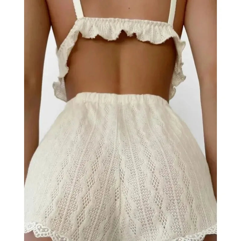 KAELAH Fashion Lace Trim Ruffle Hem U-Neck Strap Cable Textured Cami & Casual Home