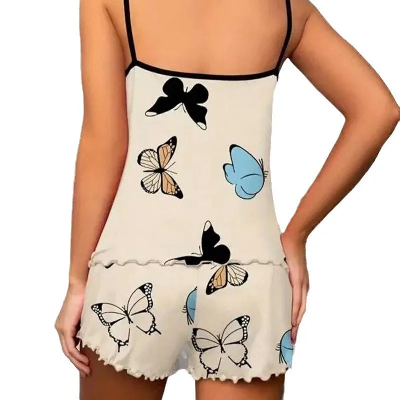 KAELAH New Butterfly Print Pajama Pj Set Casual Cami Top and Ruffle Short Set Fashion Sleepwear