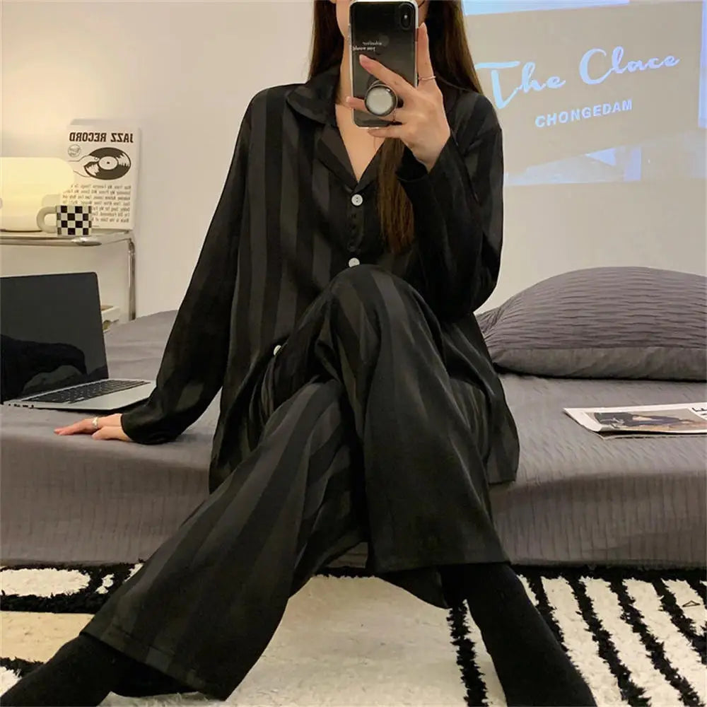 KAELAH Summer Striped Pajama Set Long Sleeve Top Trousers Silk Satin Home Suit Spring