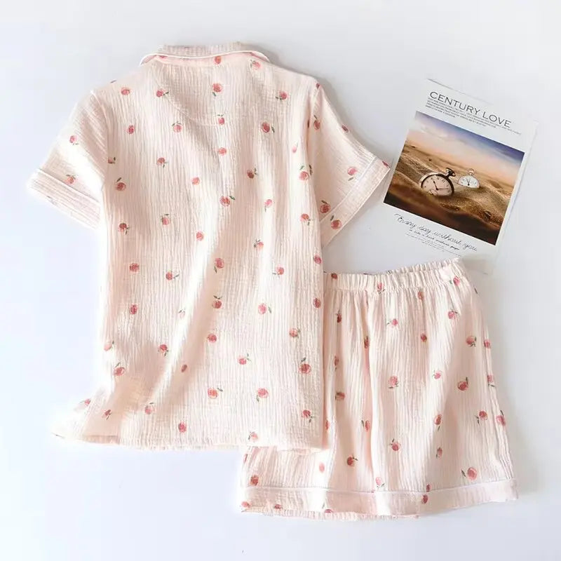 KAELAH Summer Ladies Short-sleeved Shorts Pajamas Set 100% Cotton Crepe Cloth Thin