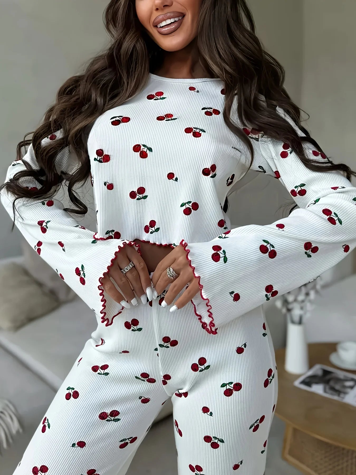 KAELAH Cherry Print Cuffed-Long-Sleeve Tops and Long Trousers Sleepwear