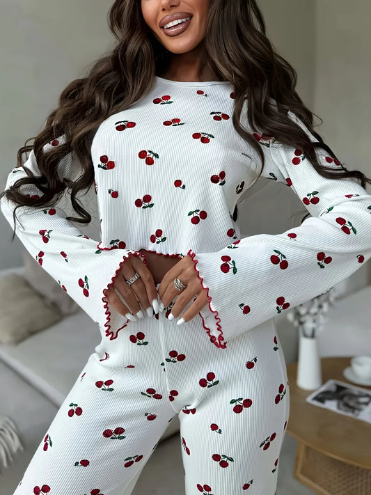 KAELAH Cherry Print Cuffed-Long-Sleeve Tops and Long Trousers Sleepwear