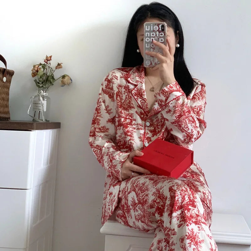 KAELAH Print Flower 2PCS Pajamas Set Women Sleepwear Spring Summer Trouser Suits Lounge Wear