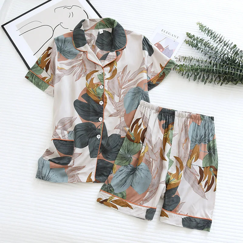 KAELAH cute cartoon floral viscose fiber pajamas two-piece long-sleeved home cotton