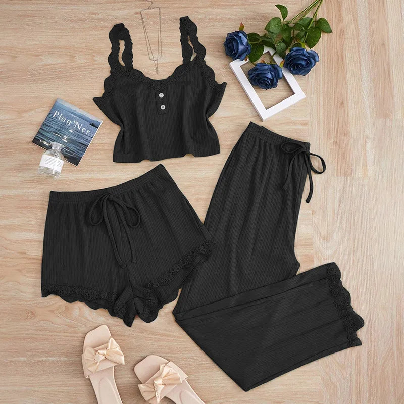 KAELAH Summer 3PCS Pajama Sets Solid Vest Shorts and Pants Paired
