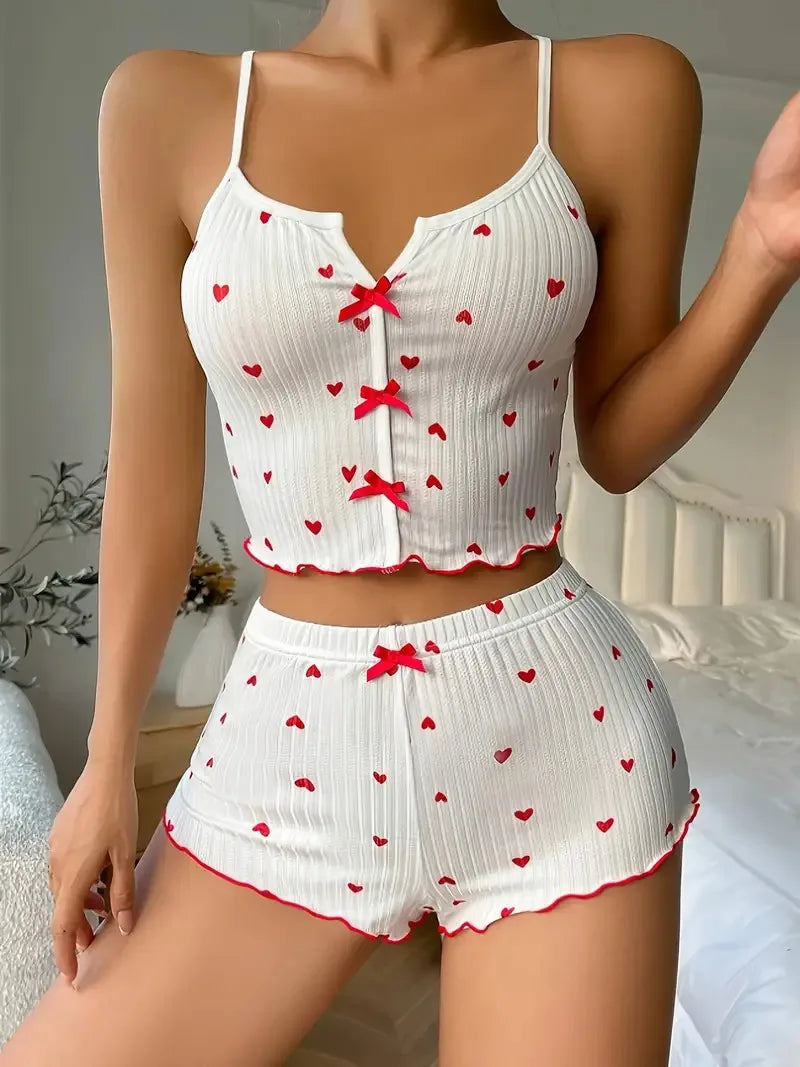 KAELAH Pajamas Set Heart Print Soft Ribbed Fabric with Flirty Frill Trim Casual Cami Top