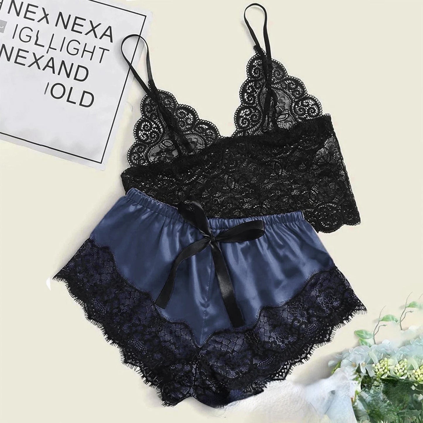 KAELAH Pajama Sets Sexy for Women 2 Pieces Top Shorts Set Sleepwear Lace
