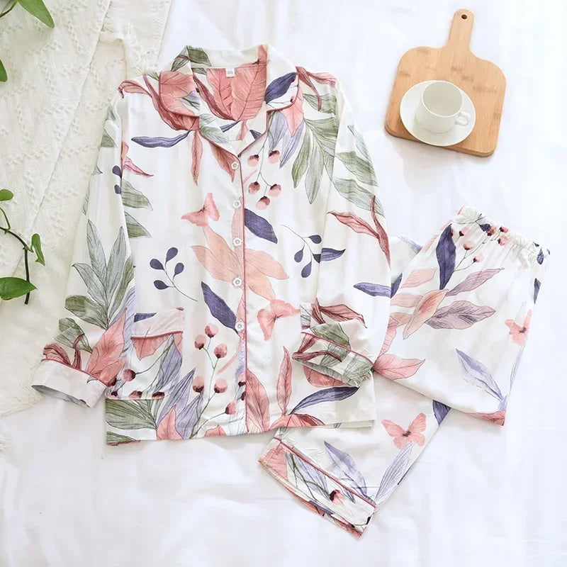KAELAH cute cartoon floral viscose fiber pajamas two-piece long-sleeved home cotton