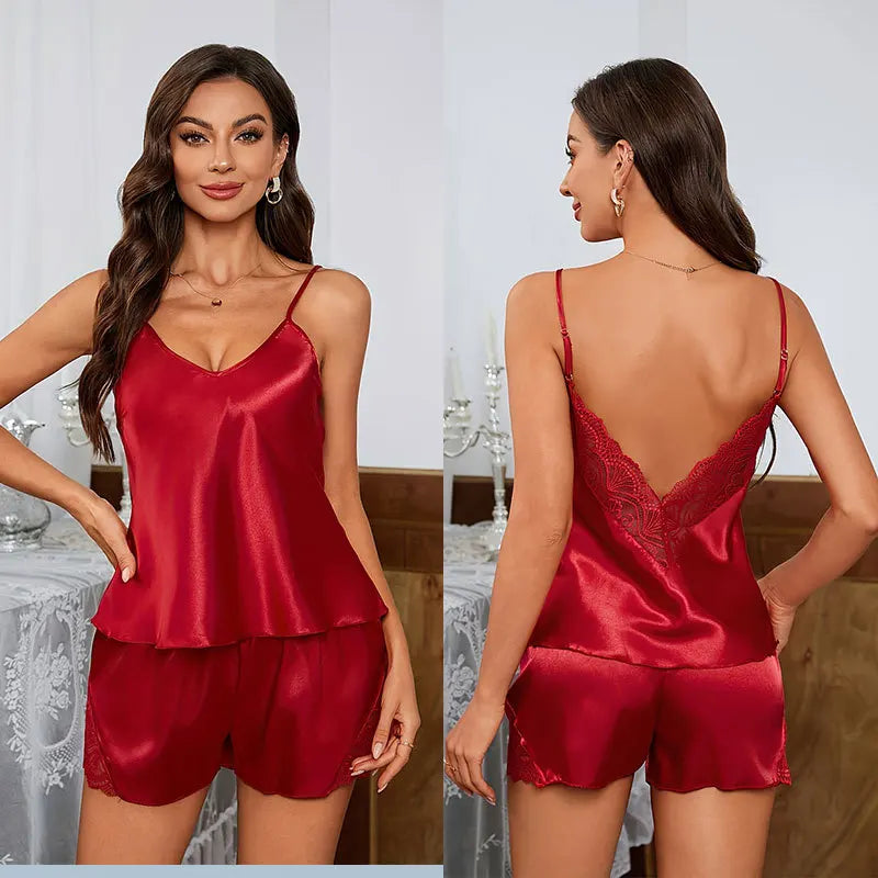 KAELAH Sexy Backless Deep V Lace Luxury Summer Sleepwear Set Soft Satin