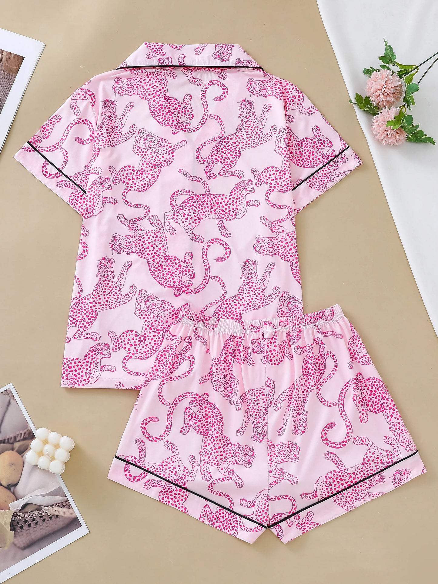 KAELAH Casual pink leopard print pajama set for women lapel short-sleeved