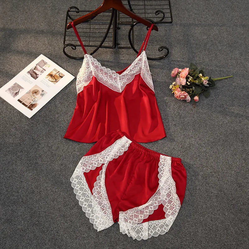 KAELAH Lisacmvpnel Sexy Patchwork Lace Women Shorts Pajama Set
