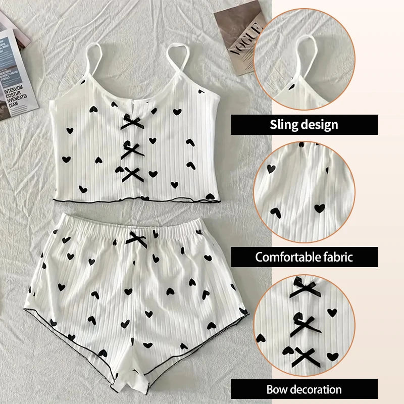 KAELAH Suspender Pajamas with Heart-Shaped Print Two-Piece Set Summer Comfortable