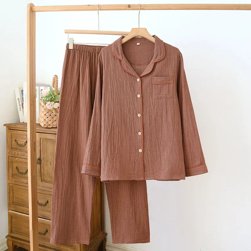 KAELAH Solid Color Spring Cotton Sleepwear Long Sleeved Long
