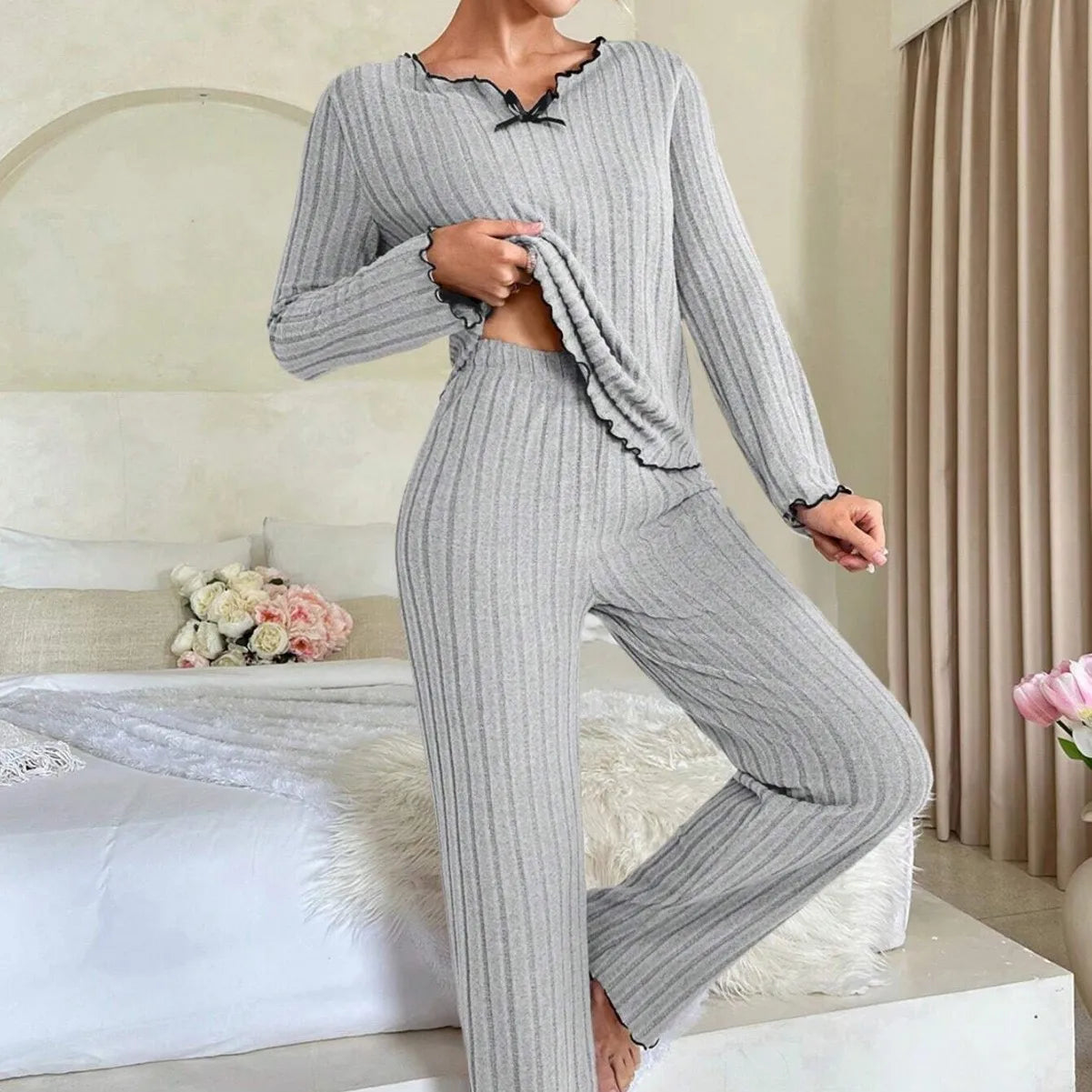 KAELAH Sleepwear Ribbed Pajamas Set Long Sleeve Top and Long Pants