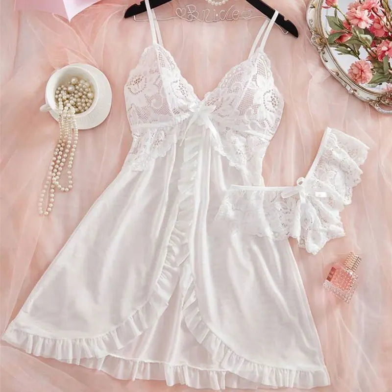 KAELAH Set Pink Cute Sweet Nightdress And Panty Pijamas Suit Sleeveless Halter