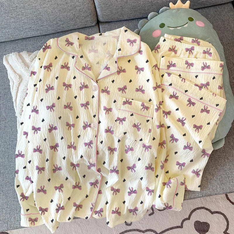 KAELAH Pink Bow Tie Design Pajamas for Women Long Sleeve Top & Elastic