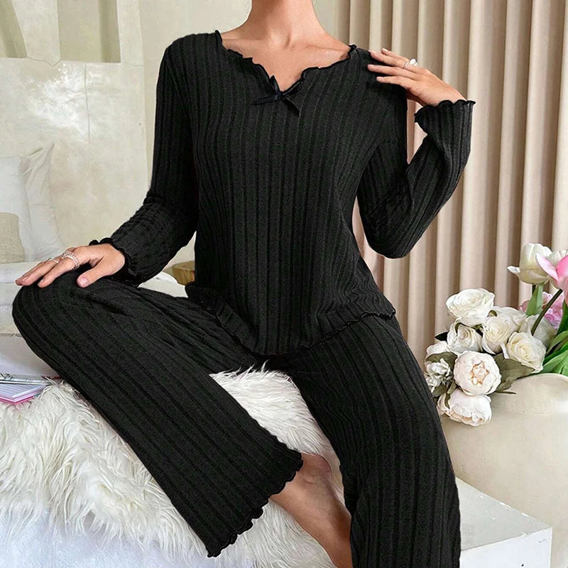 KAELAH Feminine Autumn Winter Sleepwear Ribbed Pajamas Set Long Sleeve Top
