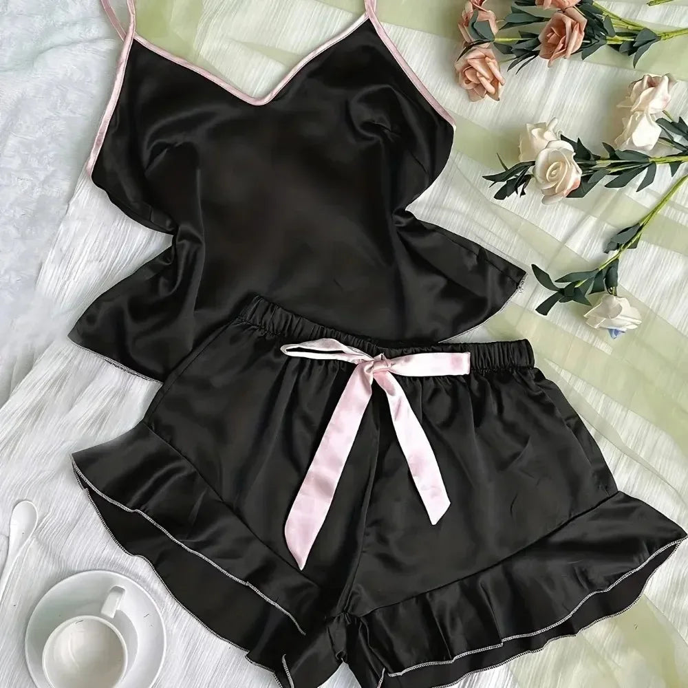 KAELAH Smooth Satin Pajamas V-Neck Top Ruffled Edges and Bow Shorts Simple and Breathable Set