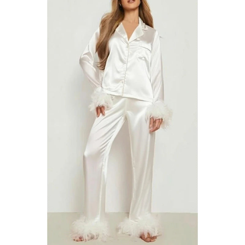 KAELAH Perfect Silk Satin Set Feather Trim Cuff 2 Piece Loungewear