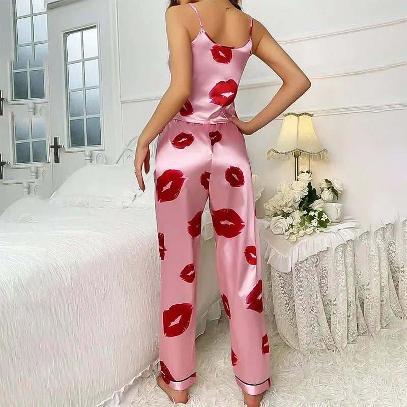 KAELAH Kiss Satin Pajama Set with Lip Print V-Neck Cami Top and Elastic Pants