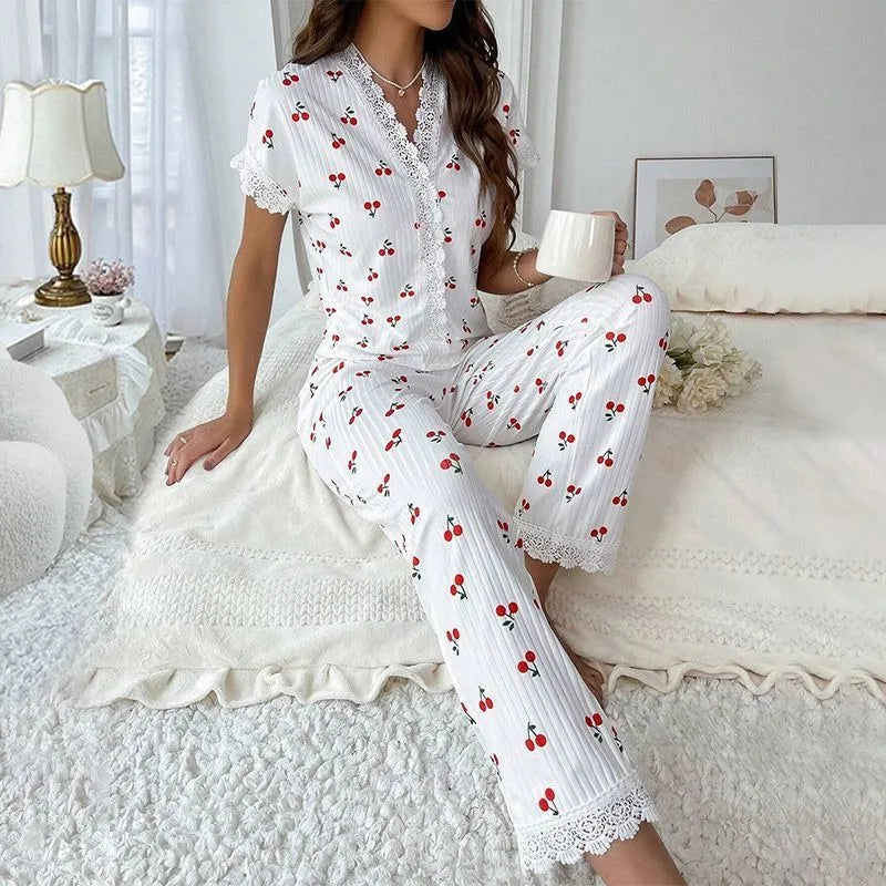 KAELAH Cherry Collar Lace Printed Shirt Trousers Homewear