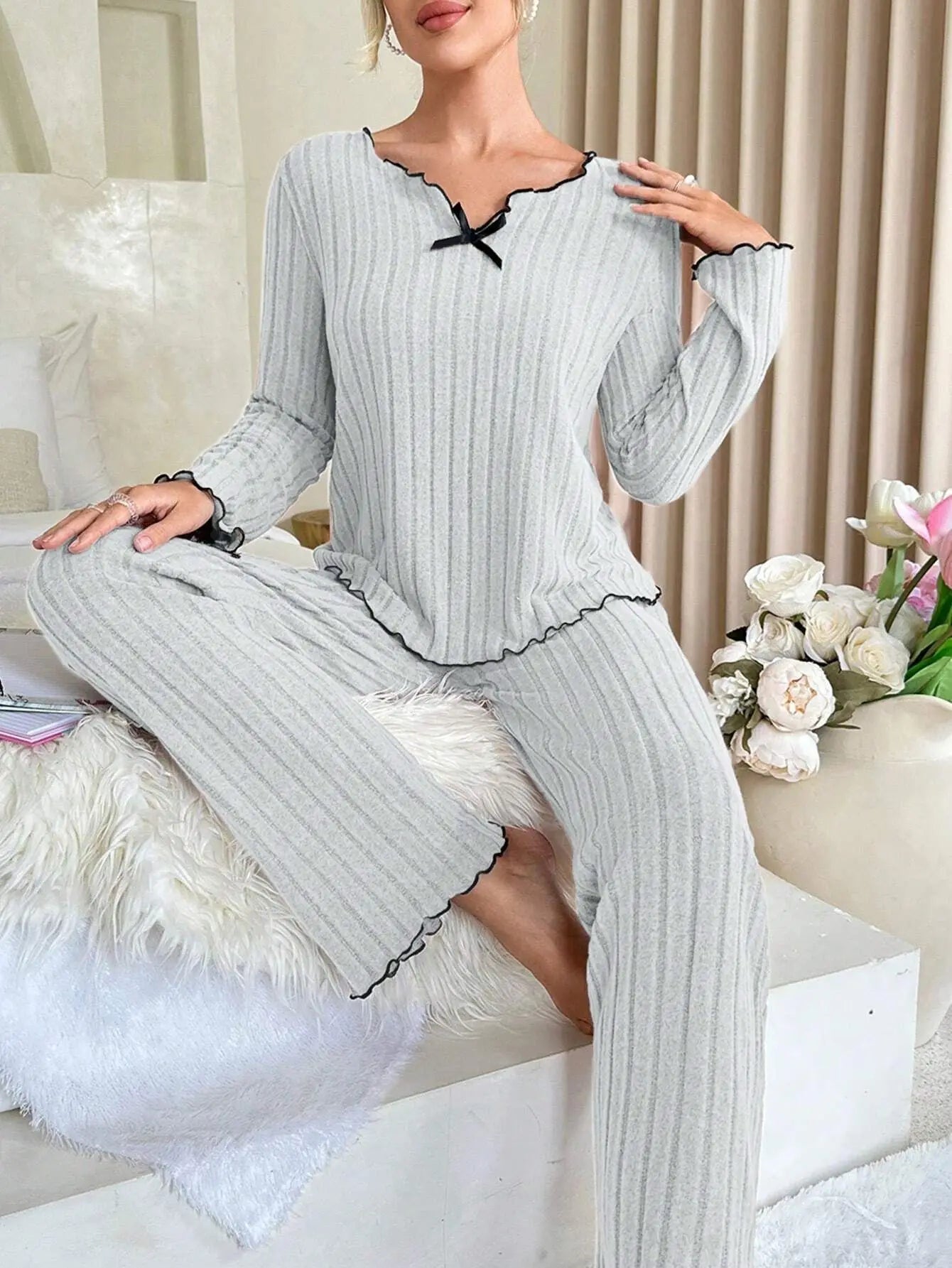 KAELAH Flannel Warm Sleepwear Women Casual Pajamas Set Loungewear