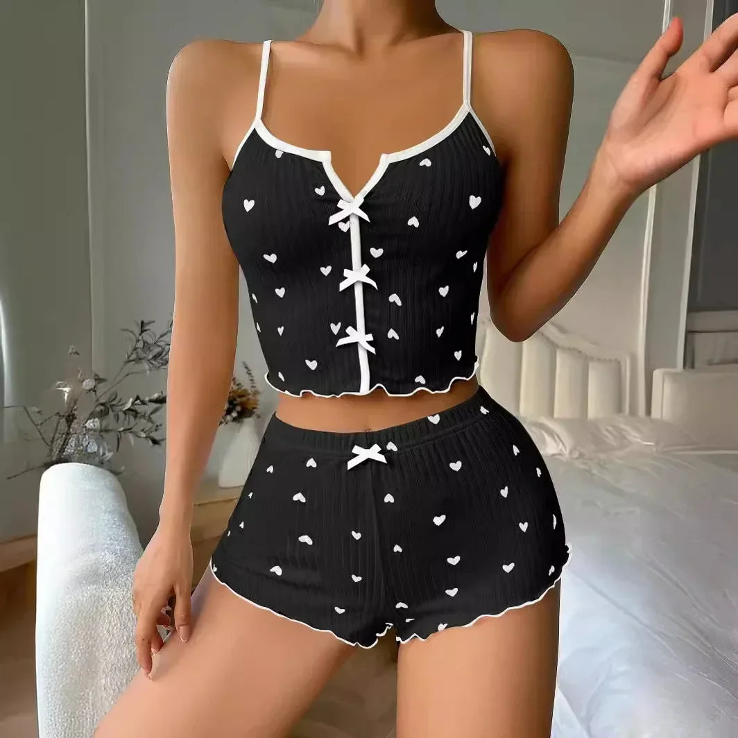 KAELAH Pajamas Set Heart Print Soft Ribbed Fabric with Flirty Frill Trim Casual Cami Top