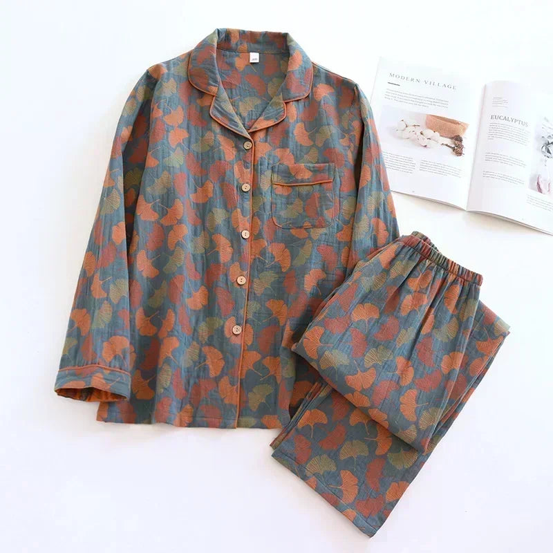 KAELAH new spring and summer women's pajamas suit long-sleeved trousers two-piece crepe flower