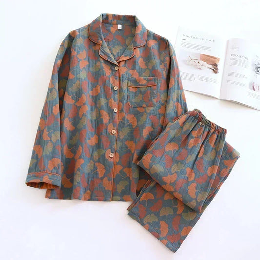 KAELAH new spring and summer women's pajamas suit long-sleeved trousers two-piece crepe flower