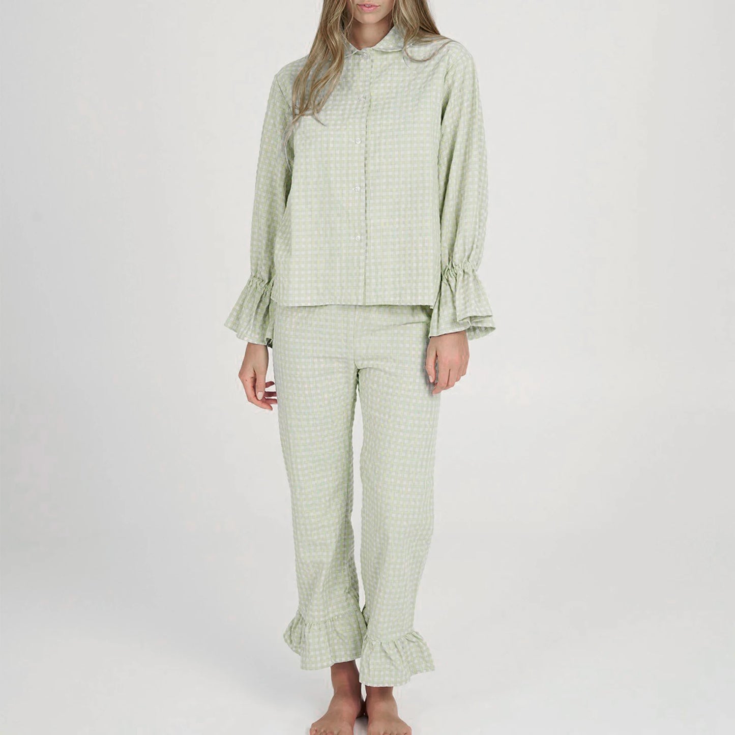 KAELAH Women Y2k Pajama Set Plaid Flare Cuff Long Sleeve