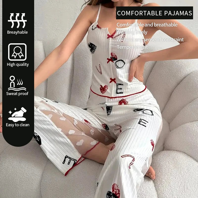 KAELAH Sexy Two-Piece Pajama Set Printed Lace Patchwork V-Neck
