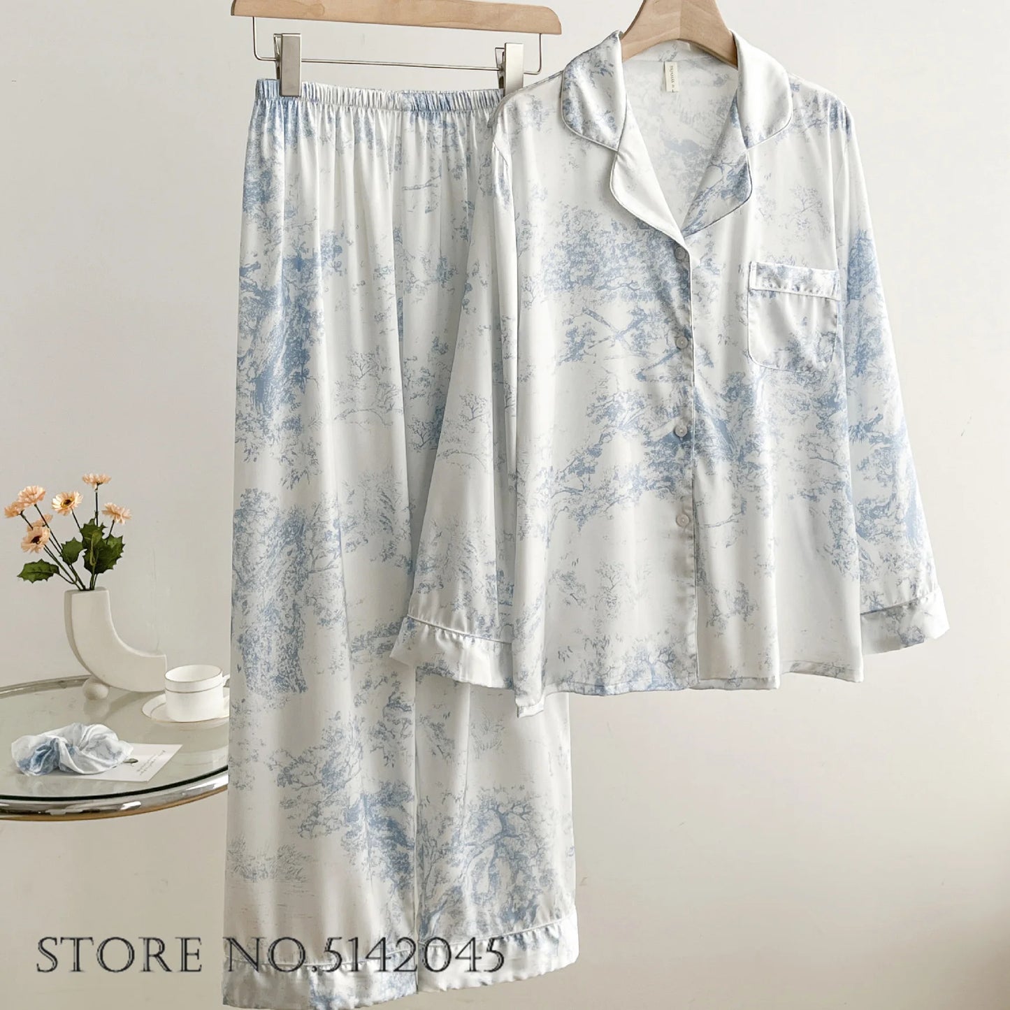 KAELAH Set French Style Ruffled Ice Silk Trouser Pijamas Suit Loungewear