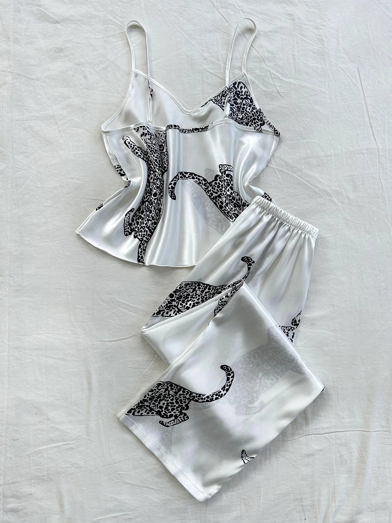 KAELAH Elegant V Neck Leopard Print Suspender Long Pants Pajama Set