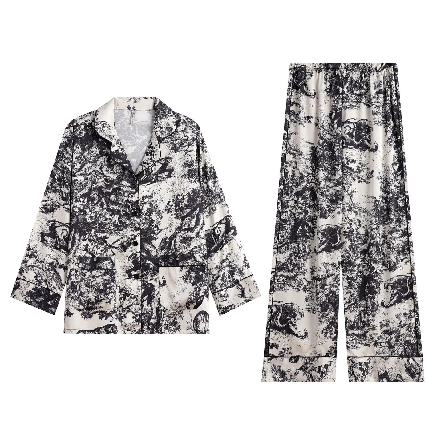 KAELAH Print Design Ice Silk Pajamas Women's Spring Summer Long Sleeves