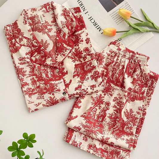 KAELAH Print Flower 2PCS Pajamas Set Women Sleepwear Spring Summer Trouser Suits Lounge Wear