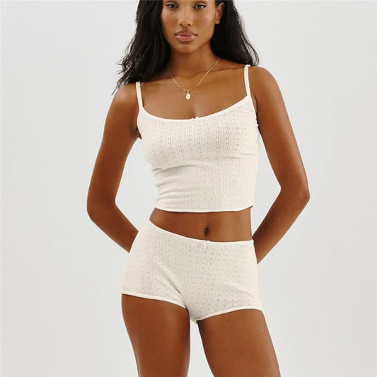KALEAH Cotton Lounge Set Long Sleeve/Spaghetti Strap Ribbed Knit Crop Top Bodycon