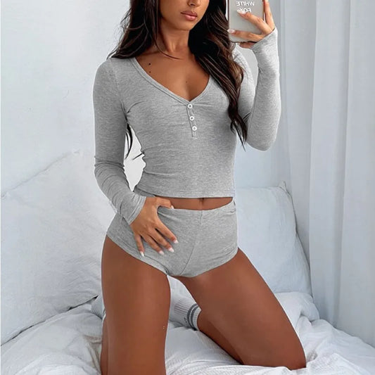 KAELAH V Neck Button Down Cropped Tops Sexy Bodycon Loungewear