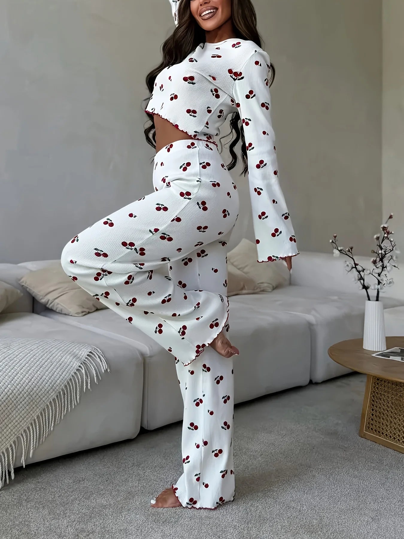 KAELAH Cherry Print Cuffed-Long-Sleeve Tops and Long Trousers Sleepwear