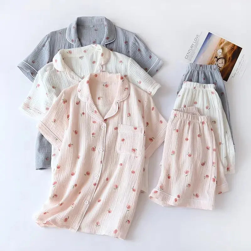KAELAH Summer Ladies Short-sleeved Shorts Pajamas Set 100% Cotton Crepe Cloth Thin