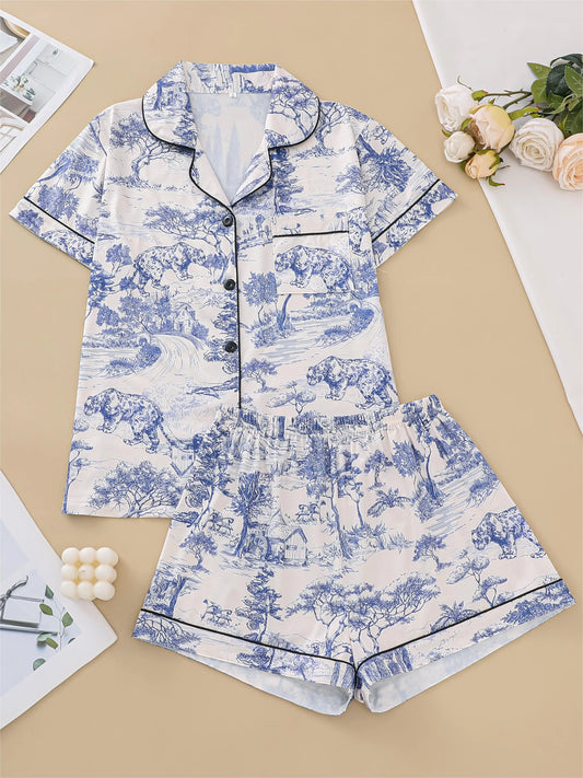 KAELAH Natural animal print pajama set comfortable short-sleeved lapel top